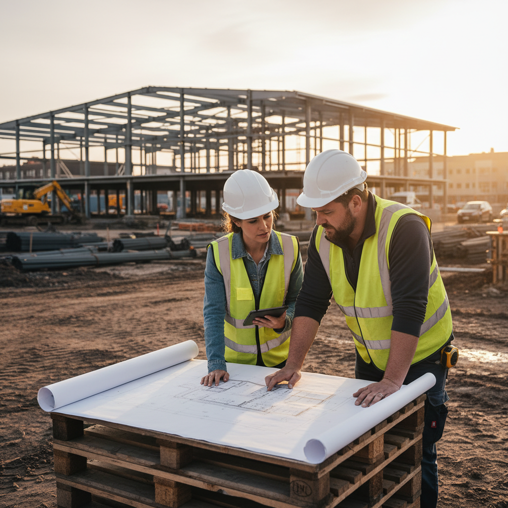 A man and a woman in hard hats and high-visibility vests review blueprints on a wooden pallet at a construction site.